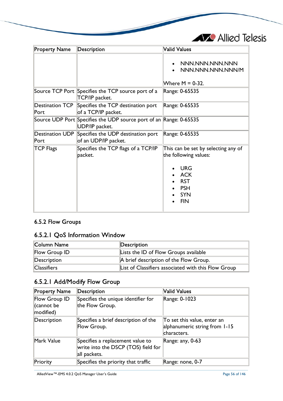 1 qos information window, 1 add/modify flow group | Allied Telesis AlliedView-EMS 4.0.2 QoS-Manager User Manual | Page 56 / 146