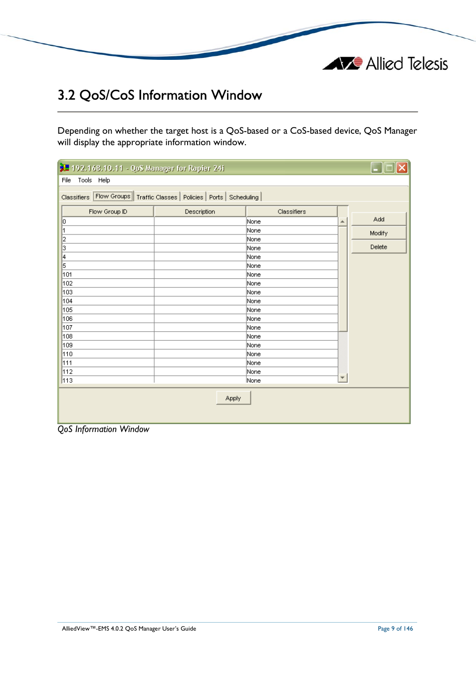 2 qos/cos information window | Allied Telesis AlliedView-EMS 4.0.2 QoS-Manager User Manual | Page 9 / 146
