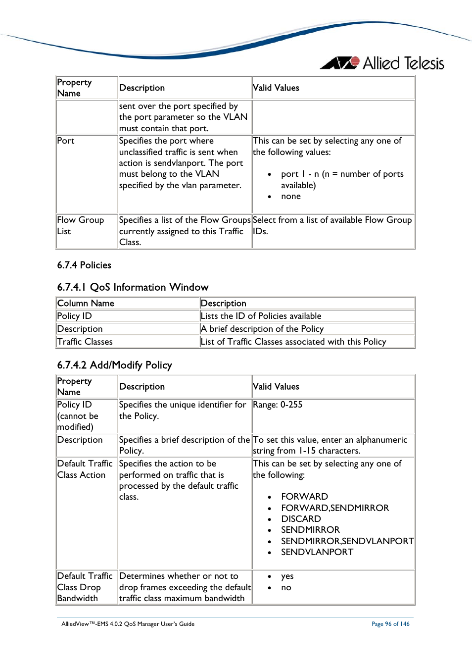 1 qos information window, 2 add/modify policy | Allied Telesis AlliedView-EMS 4.0.2 QoS-Manager User Manual | Page 96 / 146