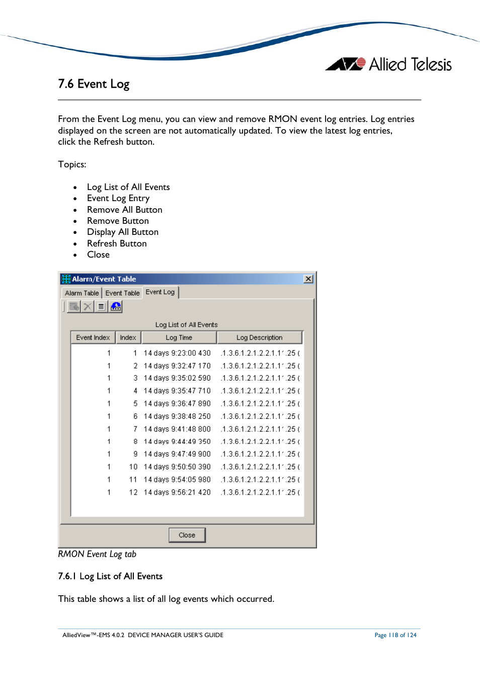6 event log | Allied Telesis AlliedView-EMS 4.0.2 Device-Manager User Manual | Page 118 / 124