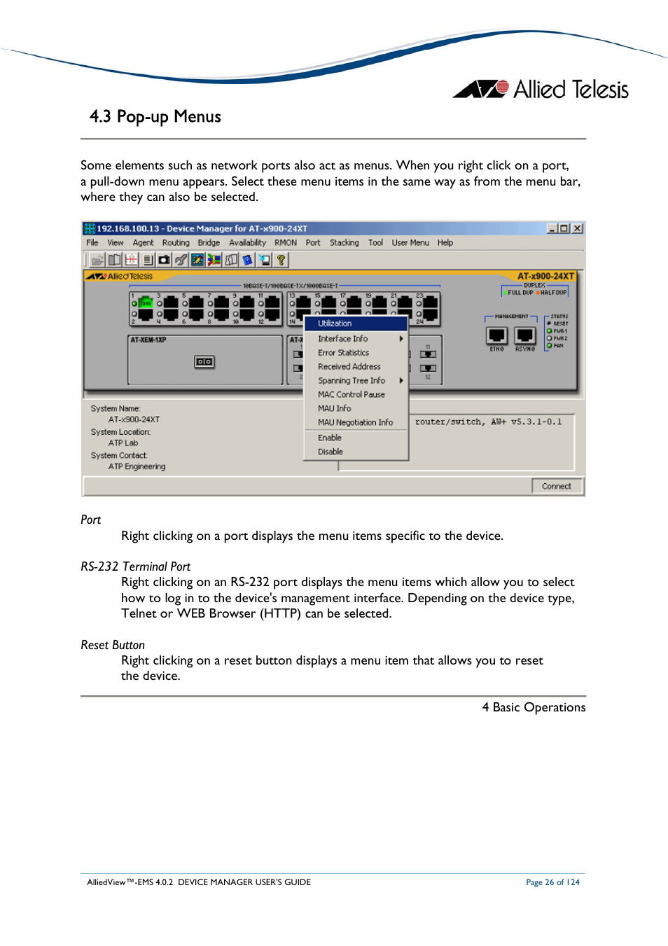 3 pop-up menus | Allied Telesis AlliedView-EMS 4.0.2 Device-Manager User Manual | Page 26 / 124