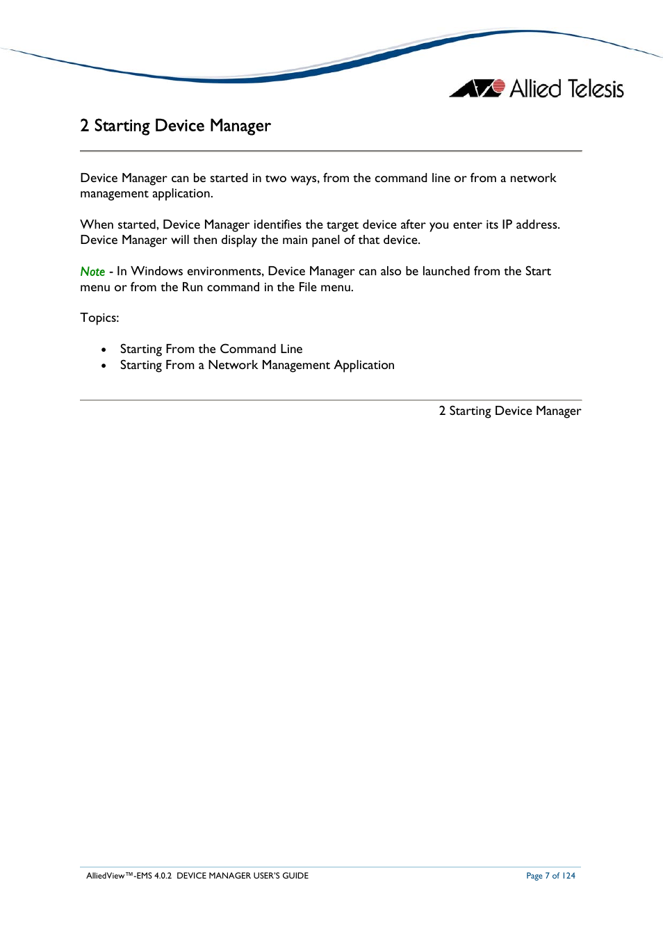 2 starting device manager | Allied Telesis AlliedView-EMS 4.0.2 Device-Manager User Manual | Page 7 / 124