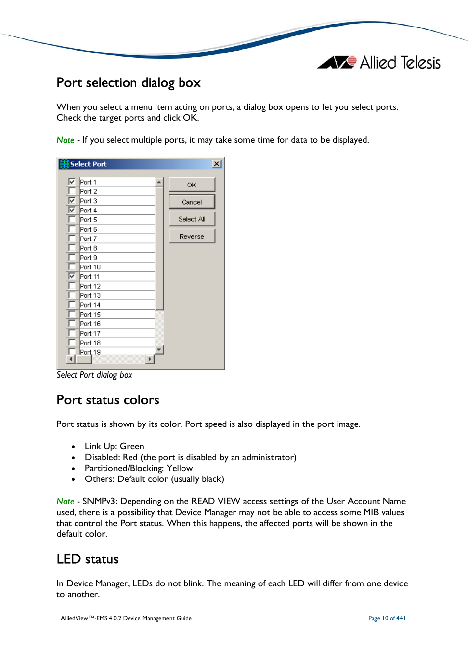 Port selection dialog box, Port status colors, Led status | Allied Telesis AlliedView-EMS 4.0.2 Device-Manager User Manual | Page 10 / 441