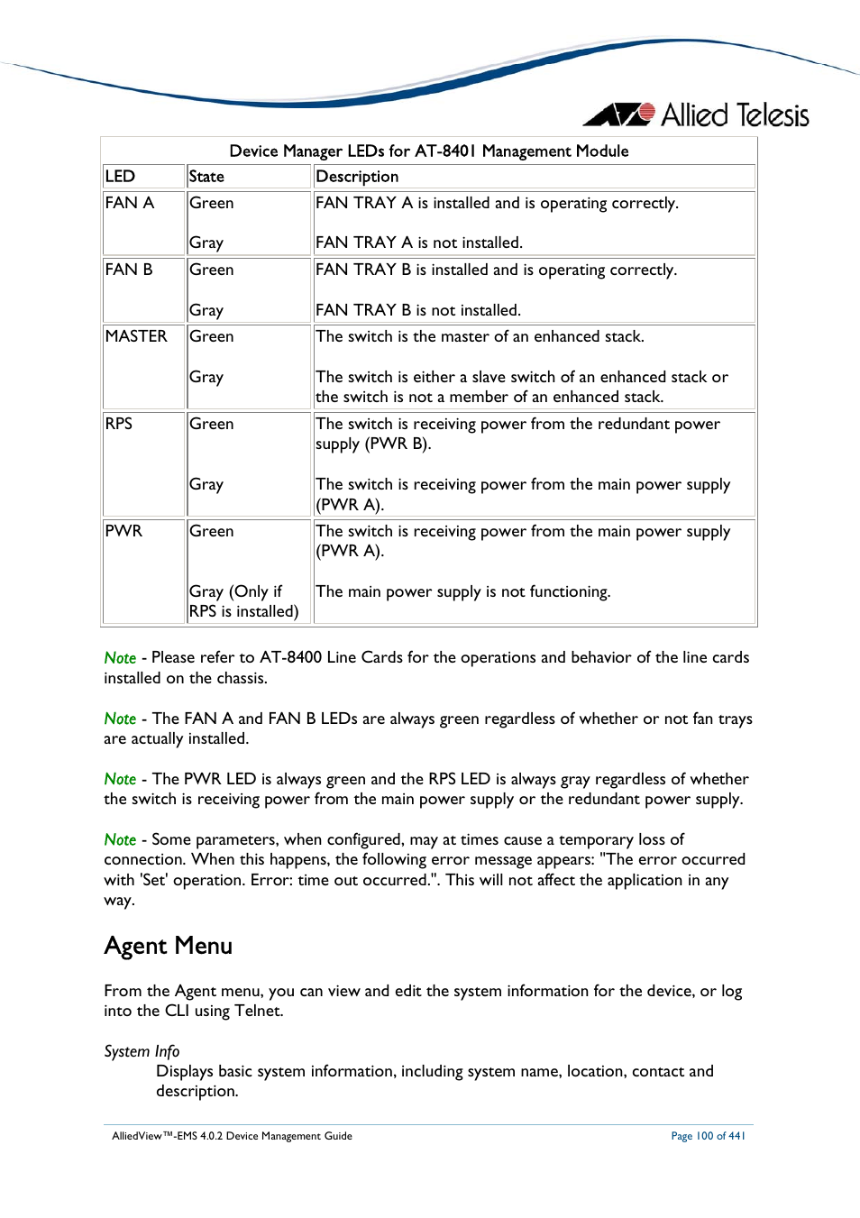 Agent menu | Allied Telesis AlliedView-EMS 4.0.2 Device-Manager User Manual | Page 100 / 441