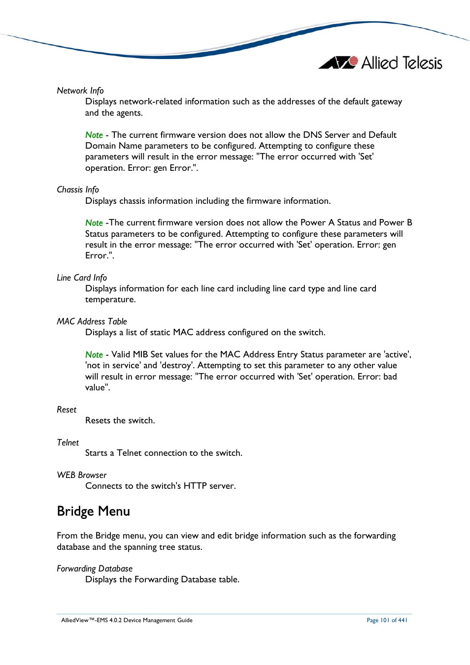 Bridge menu | Allied Telesis AlliedView-EMS 4.0.2 Device-Manager User Manual | Page 101 / 441