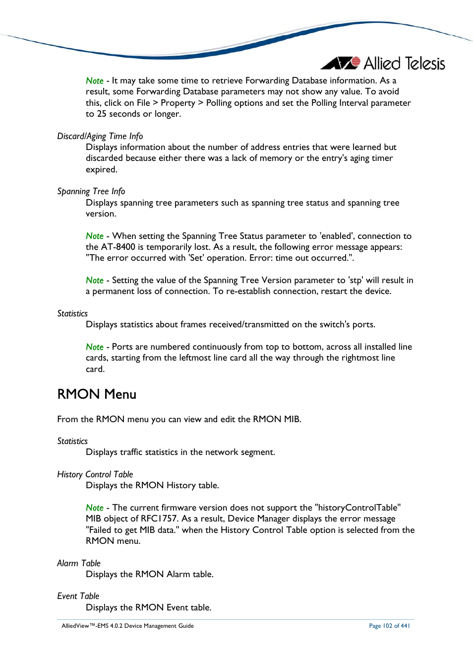 Rmon menu | Allied Telesis AlliedView-EMS 4.0.2 Device-Manager User Manual | Page 102 / 441