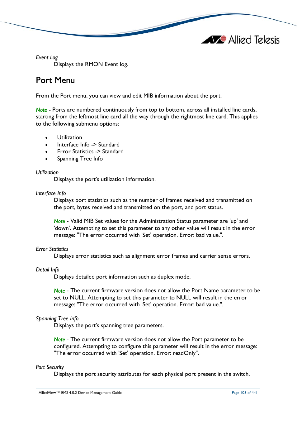 Port menu | Allied Telesis AlliedView-EMS 4.0.2 Device-Manager User Manual | Page 103 / 441