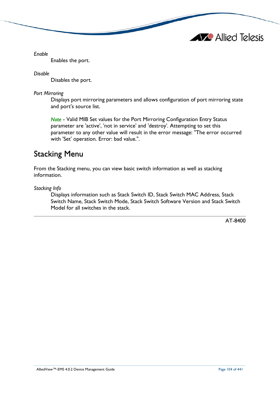 Stacking menu | Allied Telesis AlliedView-EMS 4.0.2 Device-Manager User Manual | Page 104 / 441