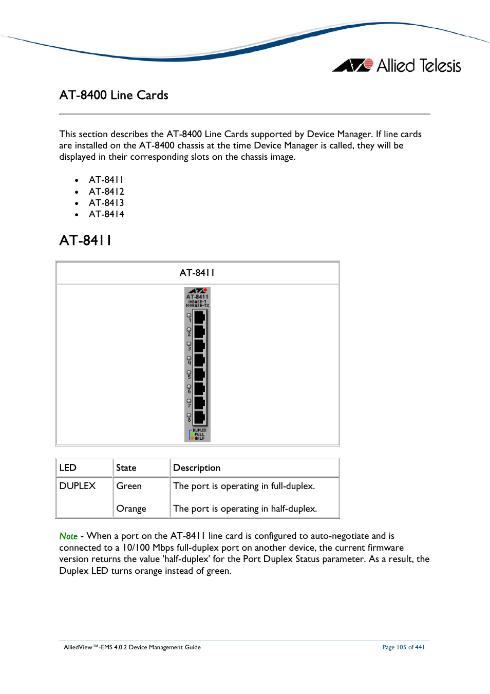 At-8411, At-8400 line cards | Allied Telesis AlliedView-EMS 4.0.2 Device-Manager User Manual | Page 105 / 441