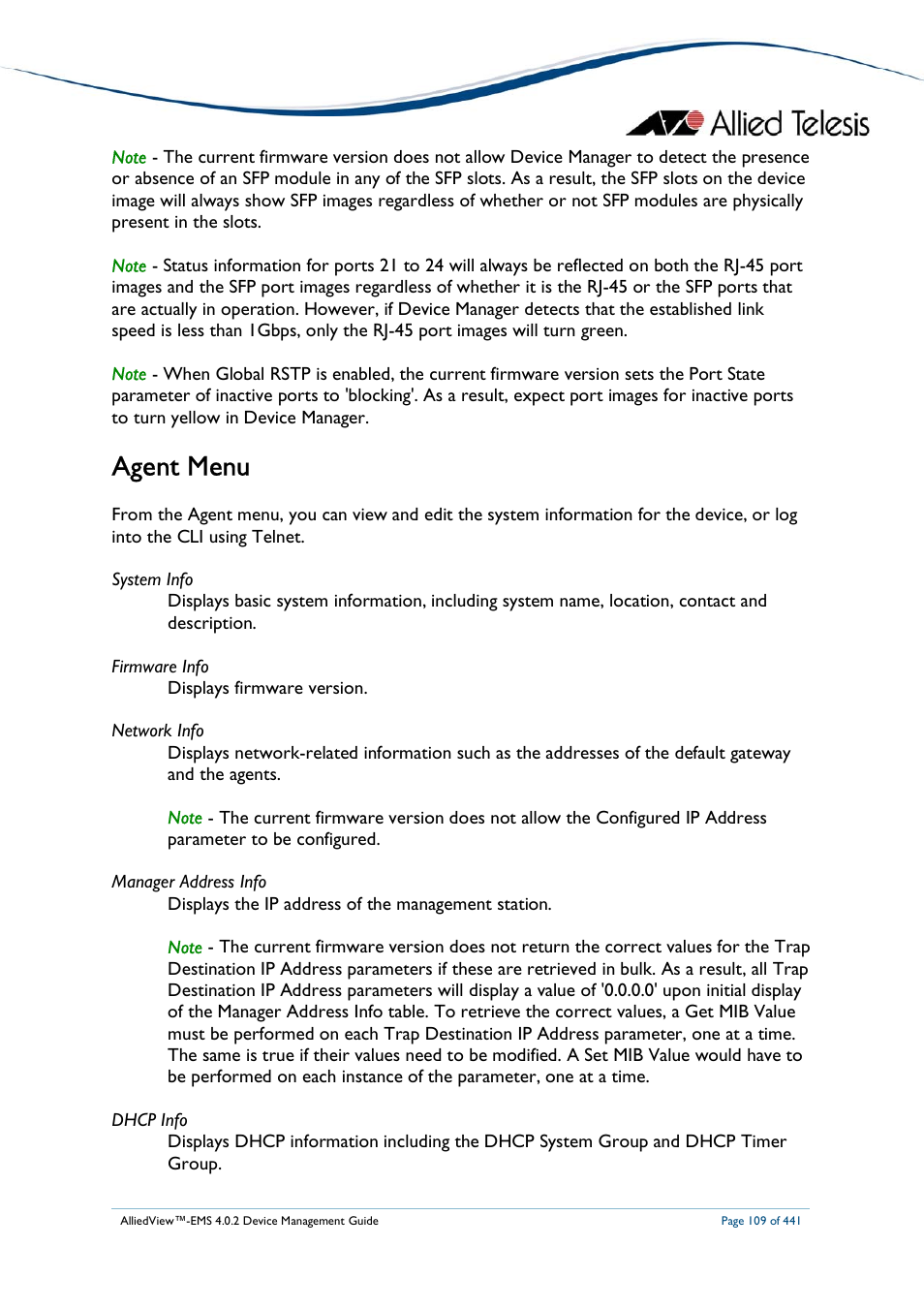 Agent menu | Allied Telesis AlliedView-EMS 4.0.2 Device-Manager User Manual | Page 109 / 441