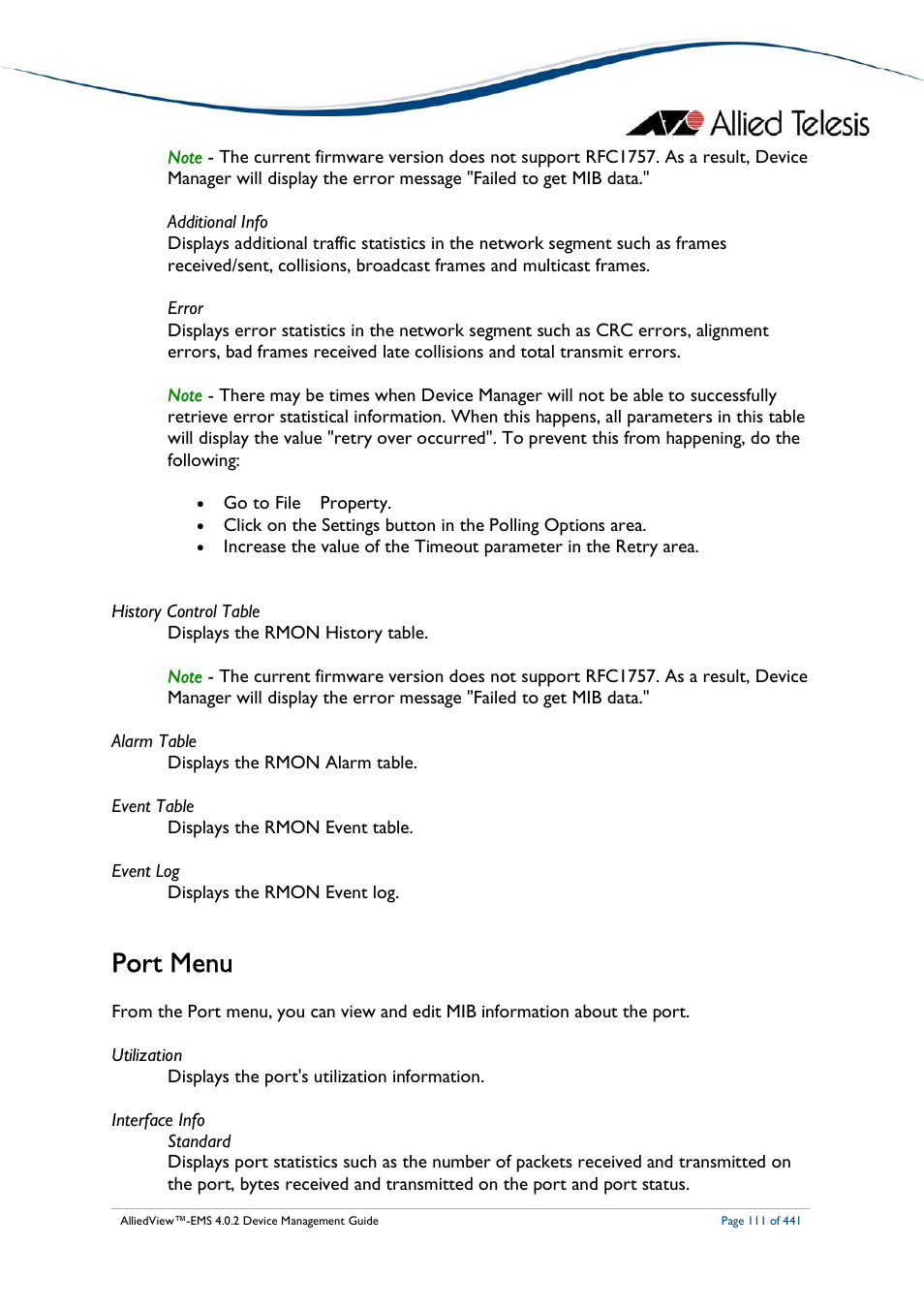 Port menu | Allied Telesis AlliedView-EMS 4.0.2 Device-Manager User Manual | Page 111 / 441