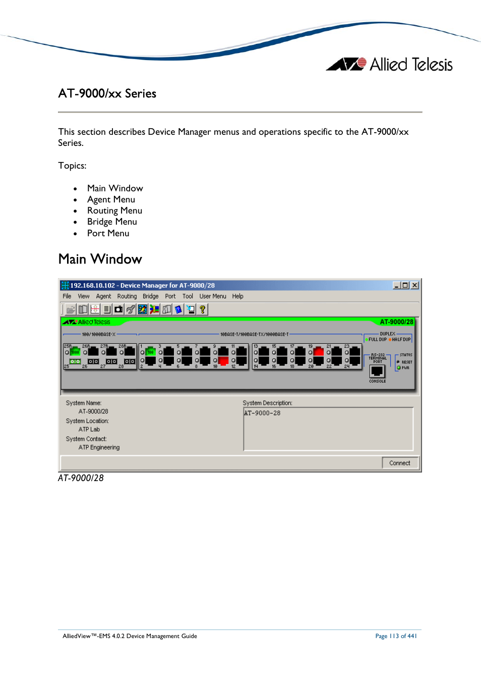 Main window, At-9000/xx series | Allied Telesis AlliedView-EMS 4.0.2 Device-Manager User Manual | Page 113 / 441