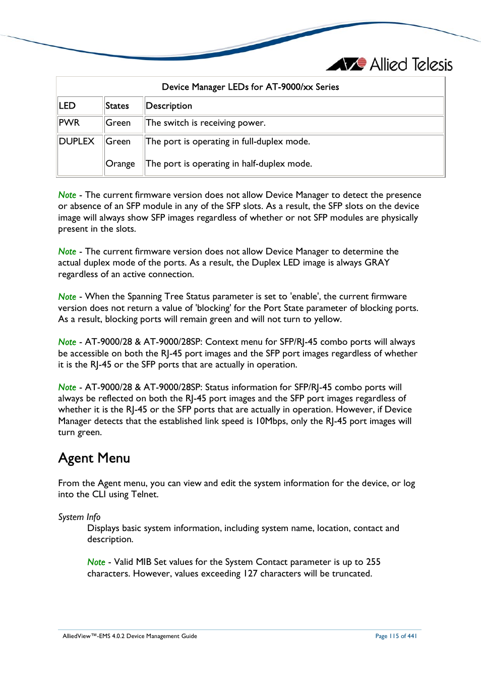 Agent menu | Allied Telesis AlliedView-EMS 4.0.2 Device-Manager User Manual | Page 115 / 441