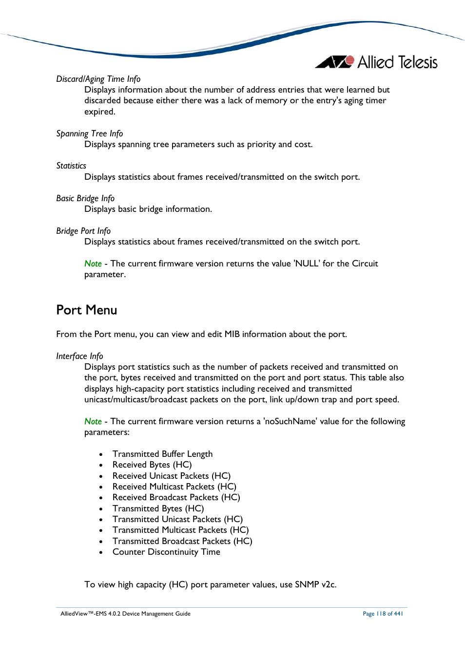 Port menu | Allied Telesis AlliedView-EMS 4.0.2 Device-Manager User Manual | Page 118 / 441