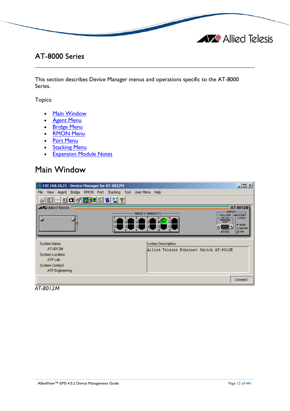 Main window, At-8000 series | Allied Telesis AlliedView-EMS 4.0.2 Device-Manager User Manual | Page 12 / 441