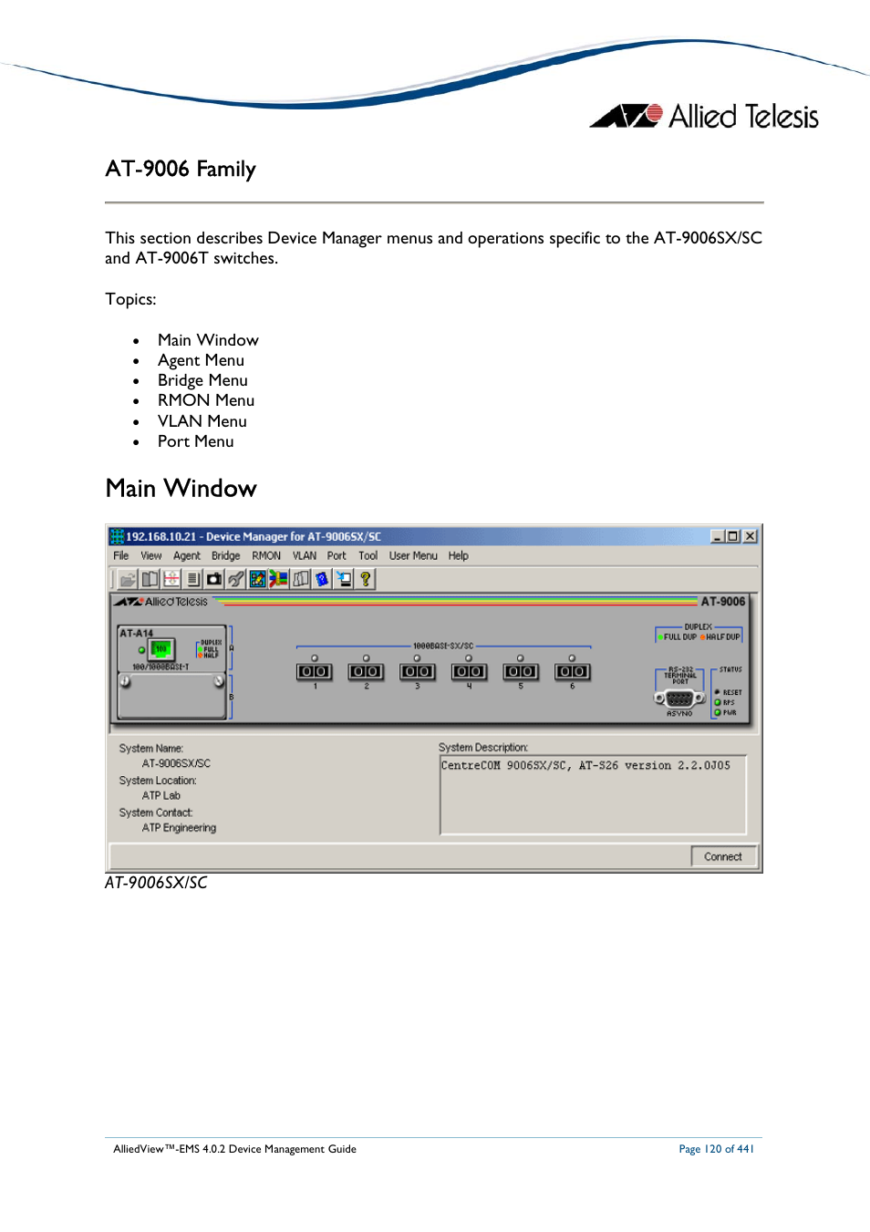 Main window, At-9006 family | Allied Telesis AlliedView-EMS 4.0.2 Device-Manager User Manual | Page 120 / 441