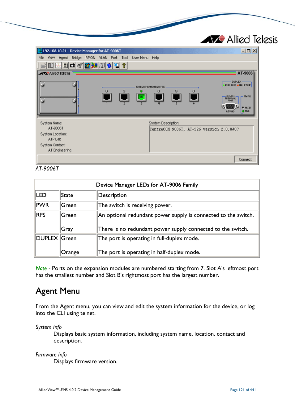 Agent menu | Allied Telesis AlliedView-EMS 4.0.2 Device-Manager User Manual | Page 121 / 441