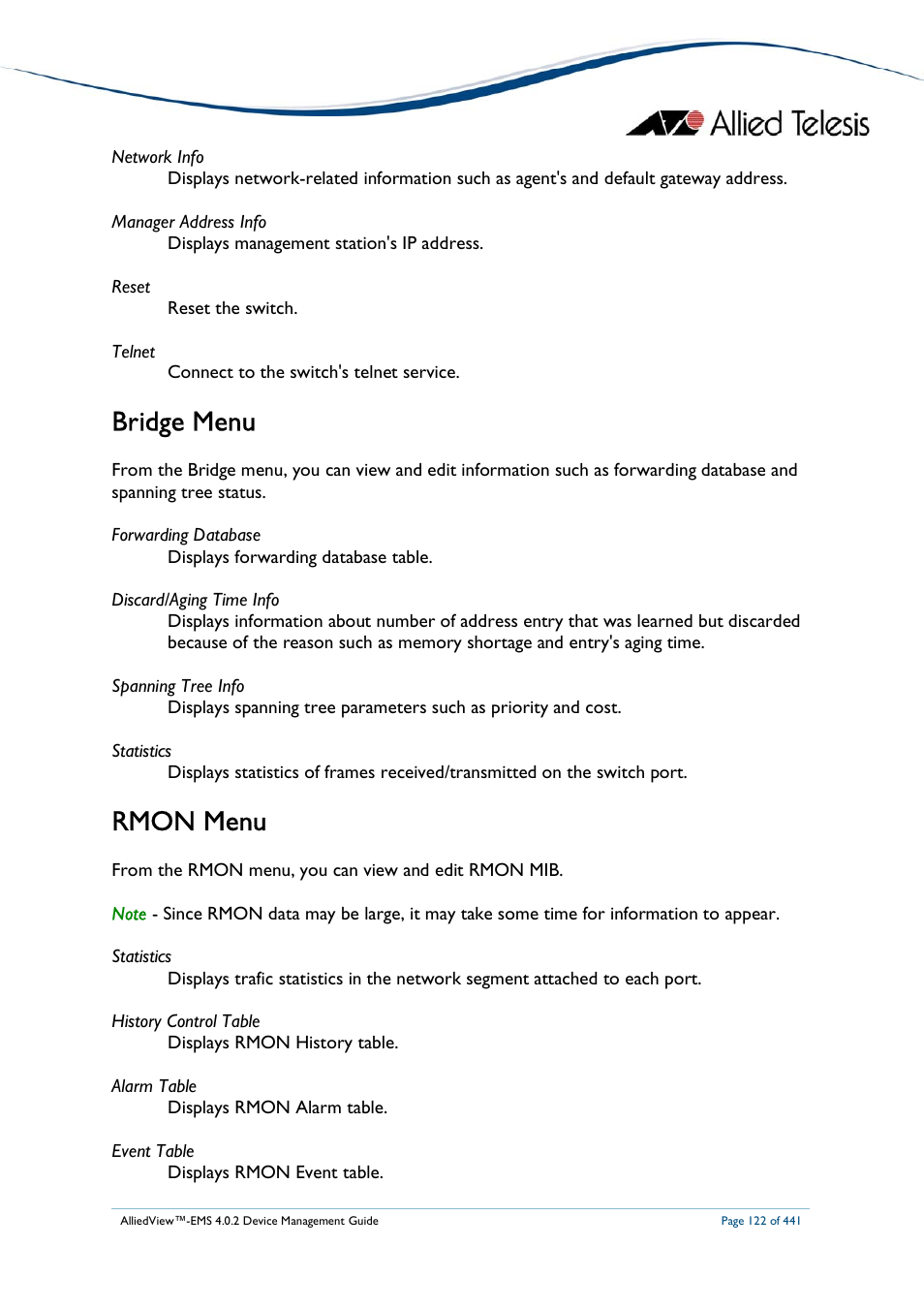Bridge menu, Rmon menu | Allied Telesis AlliedView-EMS 4.0.2 Device-Manager User Manual | Page 122 / 441