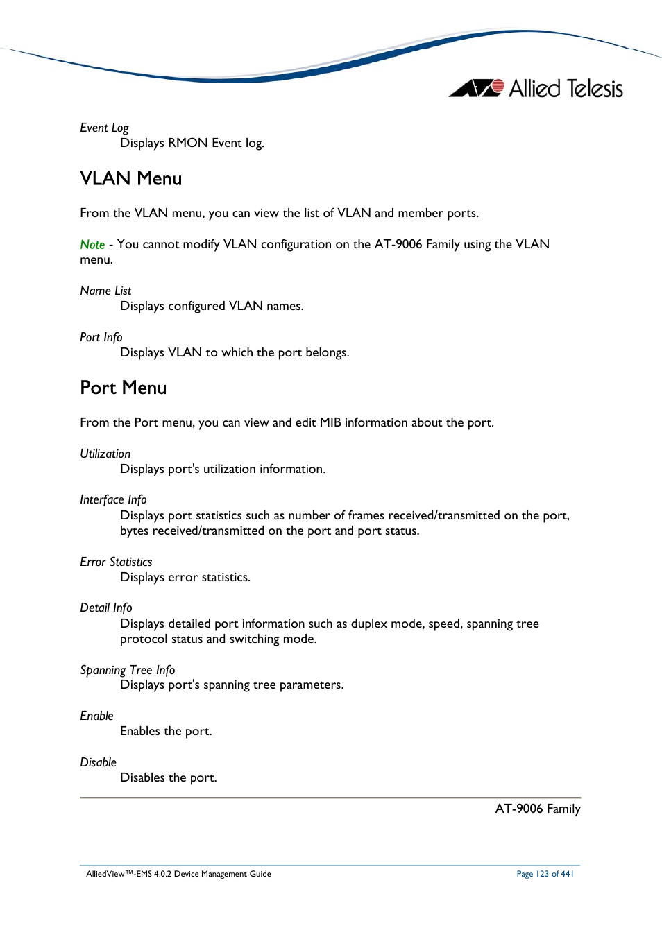 Vlan menu, Port menu | Allied Telesis AlliedView-EMS 4.0.2 Device-Manager User Manual | Page 123 / 441