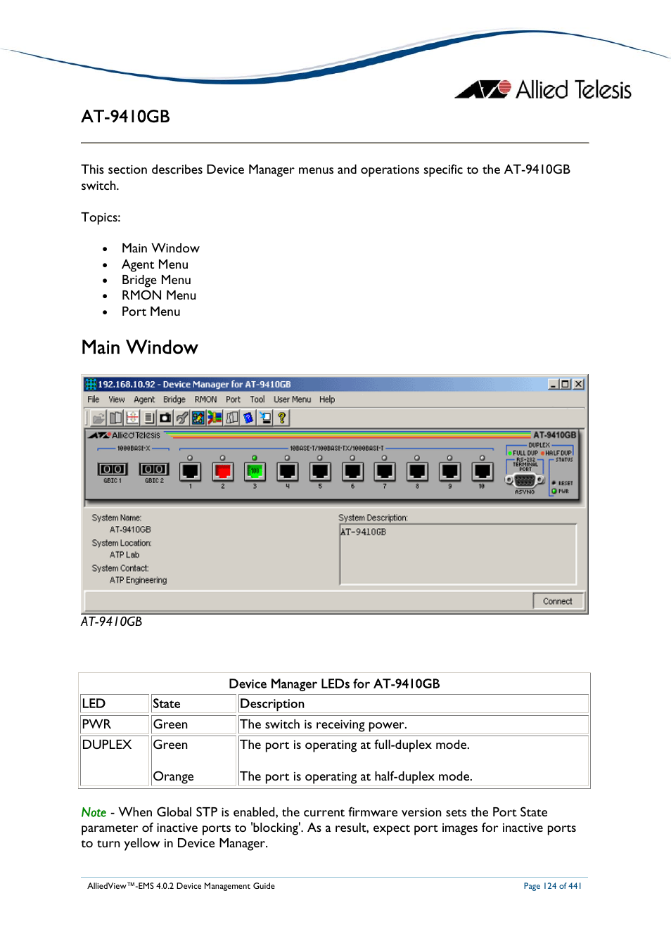 Main window, At-9410gb | Allied Telesis AlliedView-EMS 4.0.2 Device-Manager User Manual | Page 124 / 441