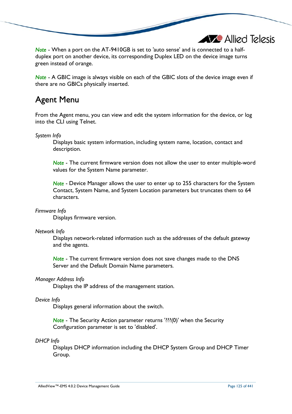 Agent menu | Allied Telesis AlliedView-EMS 4.0.2 Device-Manager User Manual | Page 125 / 441