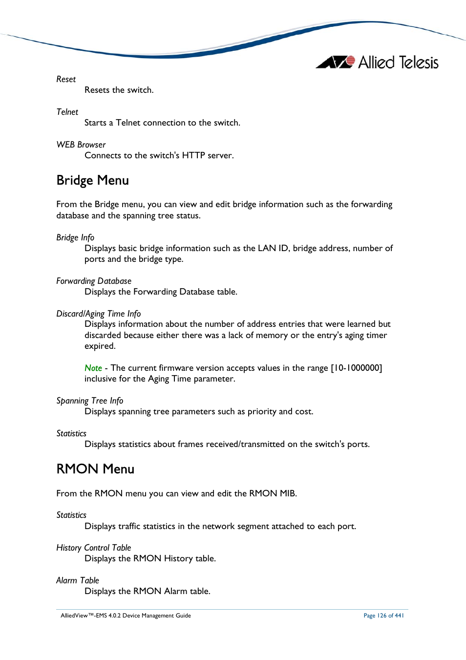 Bridge menu, Rmon menu | Allied Telesis AlliedView-EMS 4.0.2 Device-Manager User Manual | Page 126 / 441