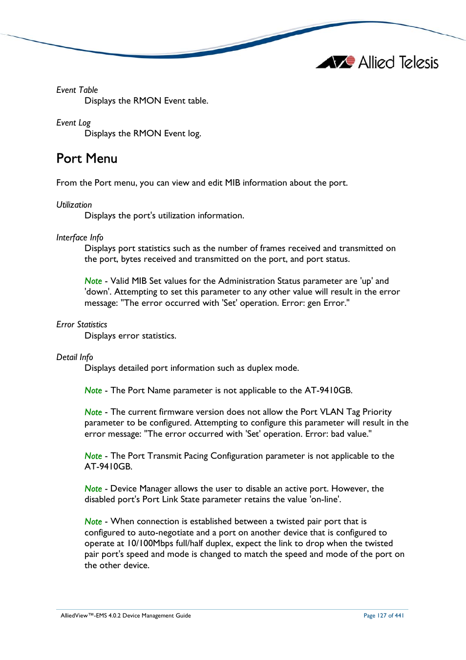 Port menu | Allied Telesis AlliedView-EMS 4.0.2 Device-Manager User Manual | Page 127 / 441