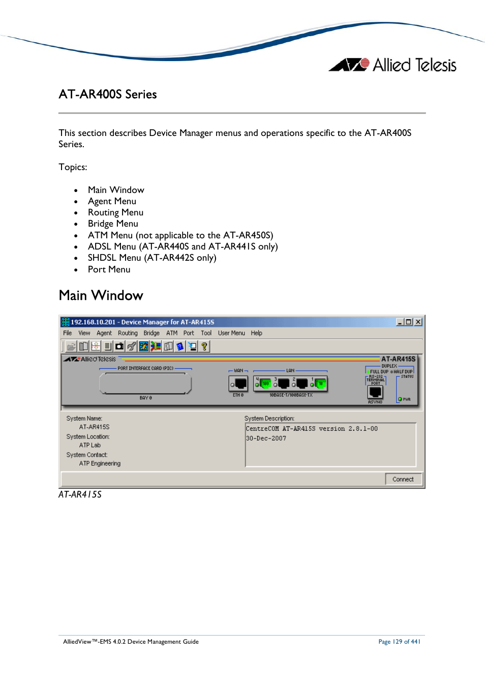 Main window, At-ar400s series | Allied Telesis AlliedView-EMS 4.0.2 Device-Manager User Manual | Page 129 / 441