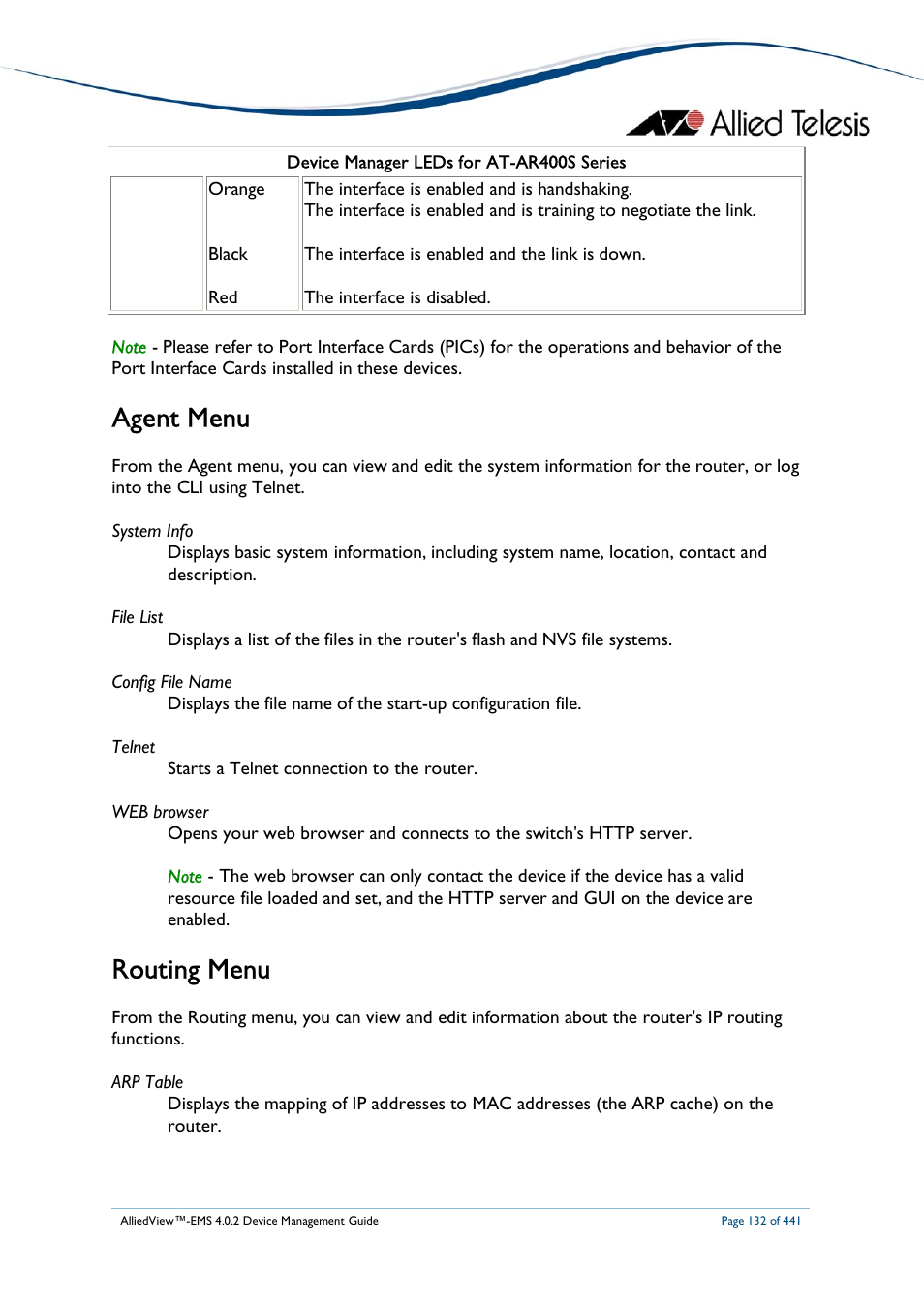 Agent menu, Routing menu | Allied Telesis AlliedView-EMS 4.0.2 Device-Manager User Manual | Page 132 / 441