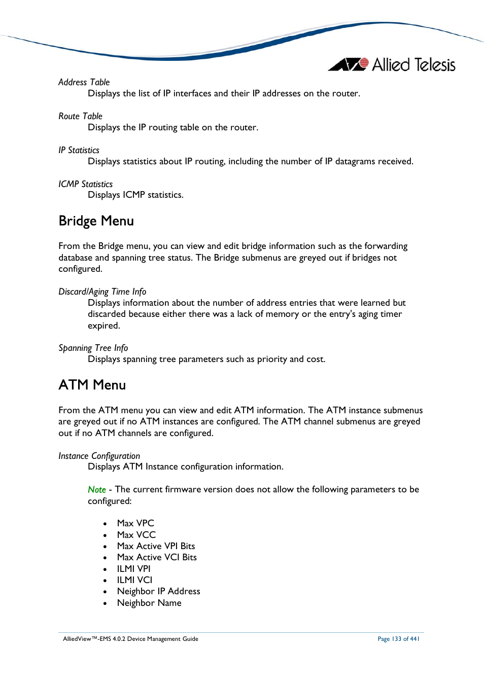 Bridge menu, Atm menu | Allied Telesis AlliedView-EMS 4.0.2 Device-Manager User Manual | Page 133 / 441