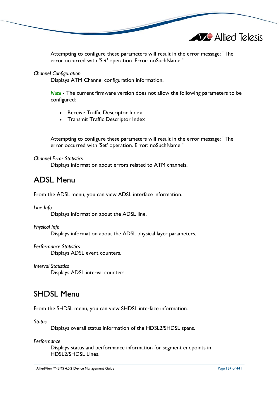 Adsl menu, Shdsl menu | Allied Telesis AlliedView-EMS 4.0.2 Device-Manager User Manual | Page 134 / 441