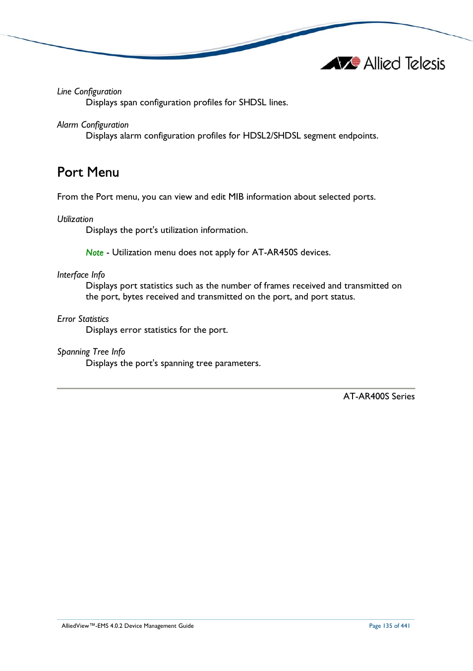 Port menu | Allied Telesis AlliedView-EMS 4.0.2 Device-Manager User Manual | Page 135 / 441