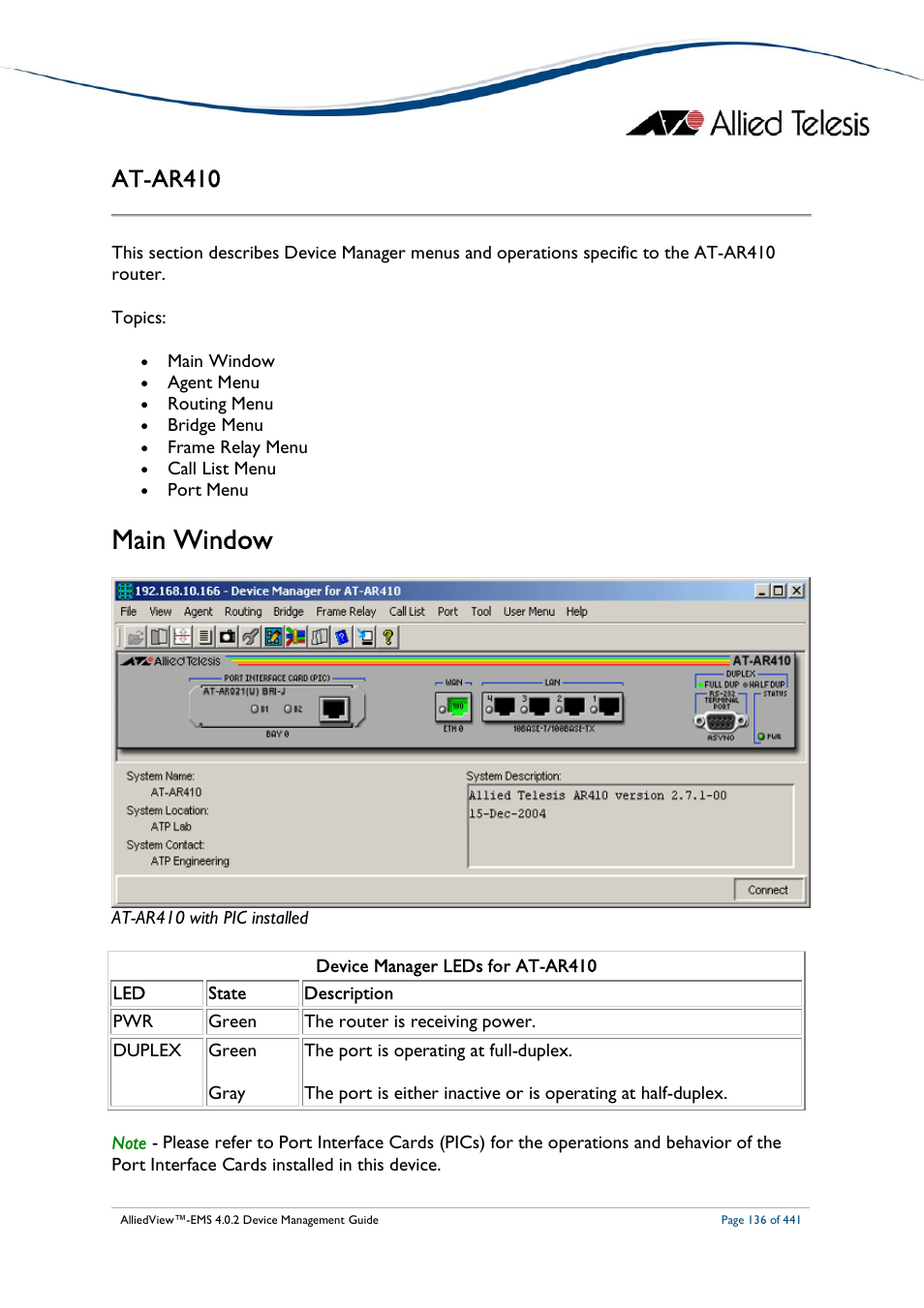 Main window, At-ar410 | Allied Telesis AlliedView-EMS 4.0.2 Device-Manager User Manual | Page 136 / 441