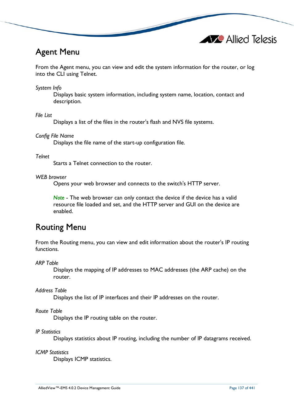 Agent menu, Routing menu | Allied Telesis AlliedView-EMS 4.0.2 Device-Manager User Manual | Page 137 / 441