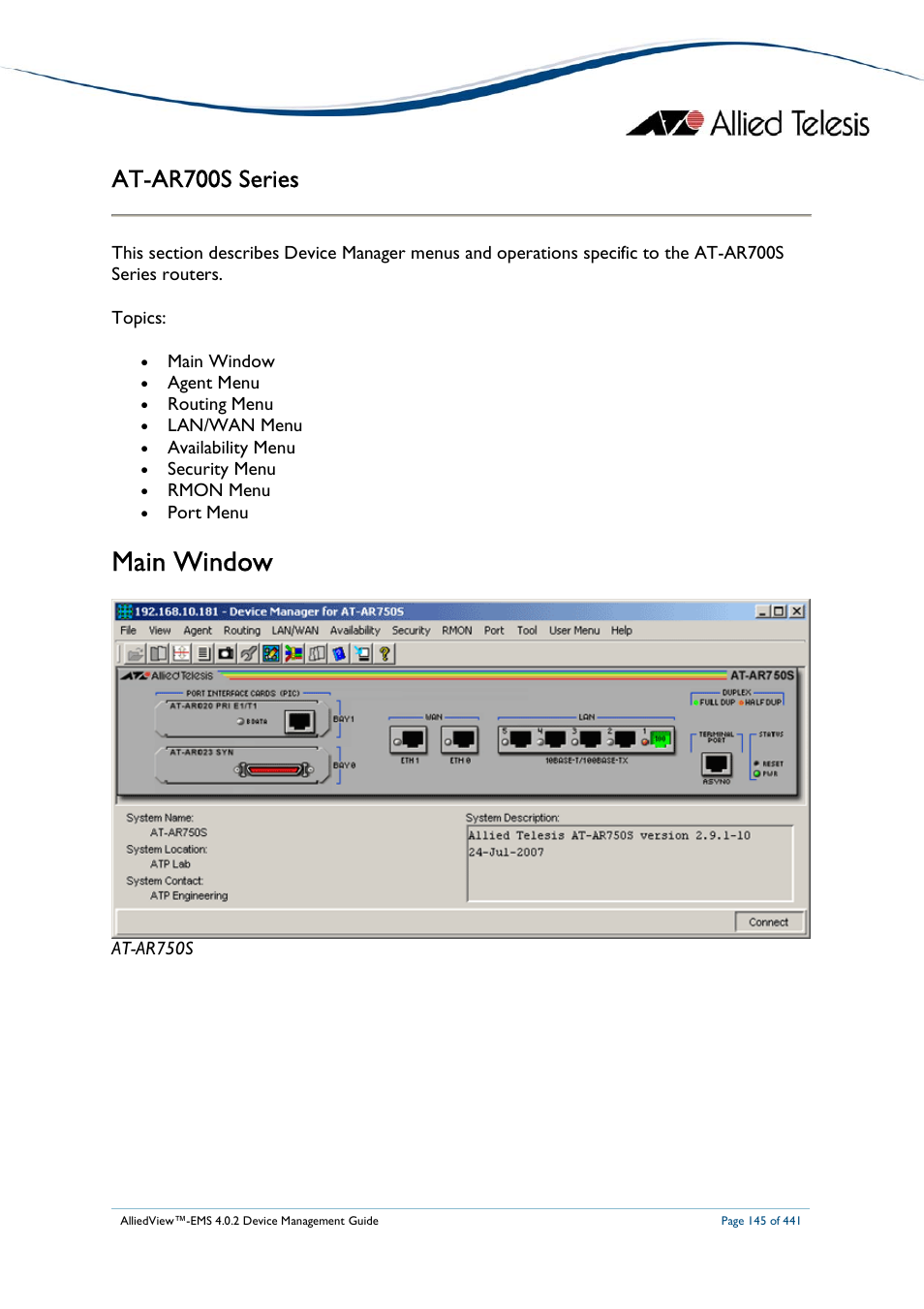 Main window, At-ar700s series | Allied Telesis AlliedView-EMS 4.0.2 Device-Manager User Manual | Page 145 / 441