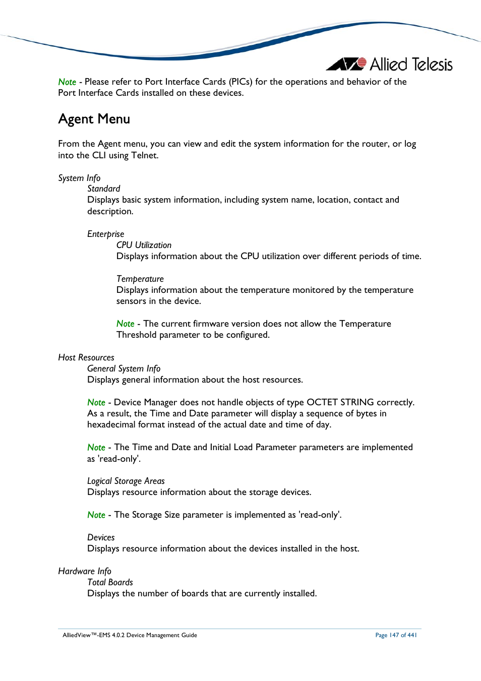 Agent menu | Allied Telesis AlliedView-EMS 4.0.2 Device-Manager User Manual | Page 147 / 441