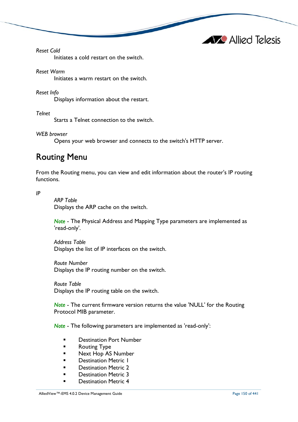 Routing menu | Allied Telesis AlliedView-EMS 4.0.2 Device-Manager User Manual | Page 150 / 441