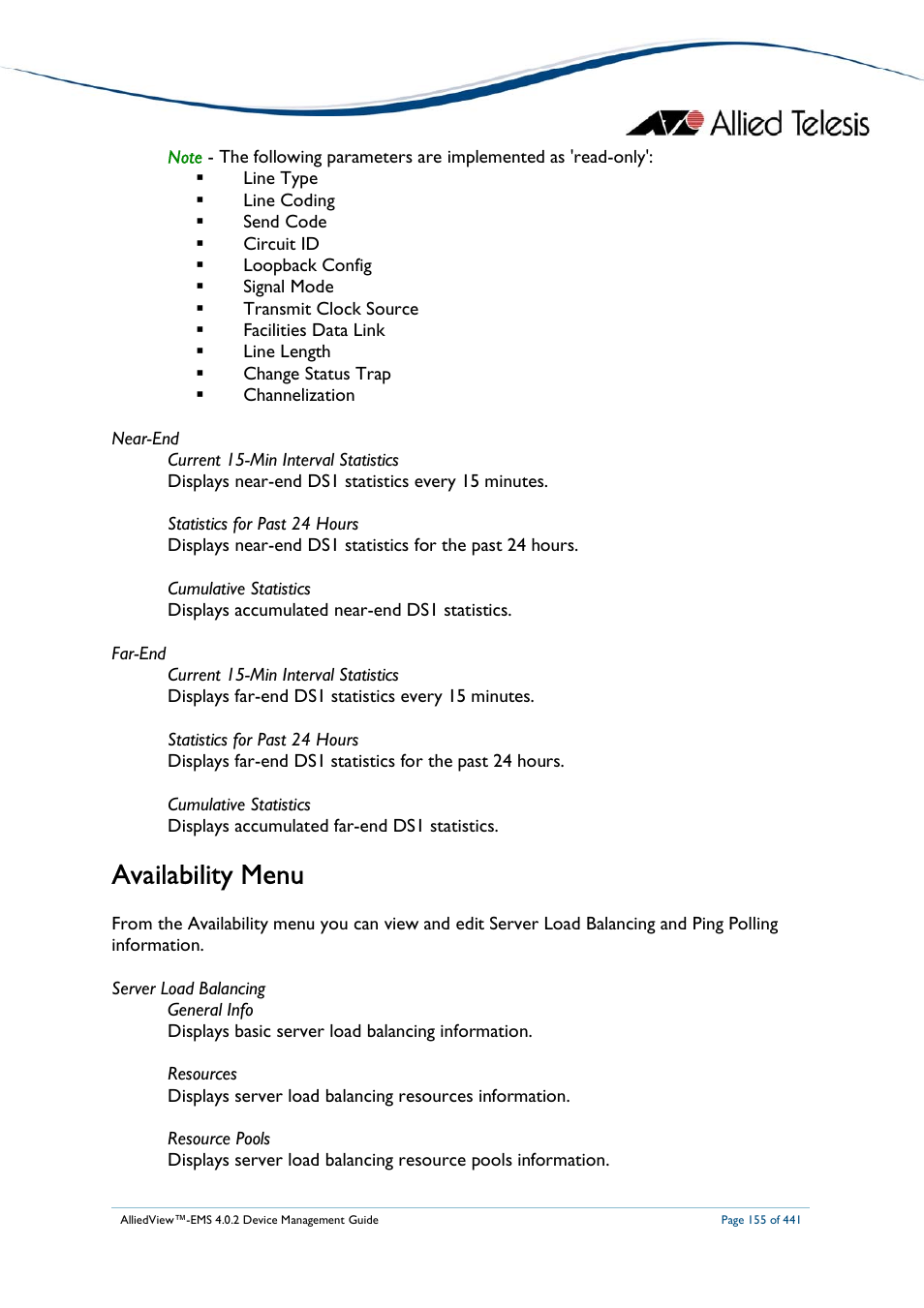 Availability menu | Allied Telesis AlliedView-EMS 4.0.2 Device-Manager User Manual | Page 155 / 441