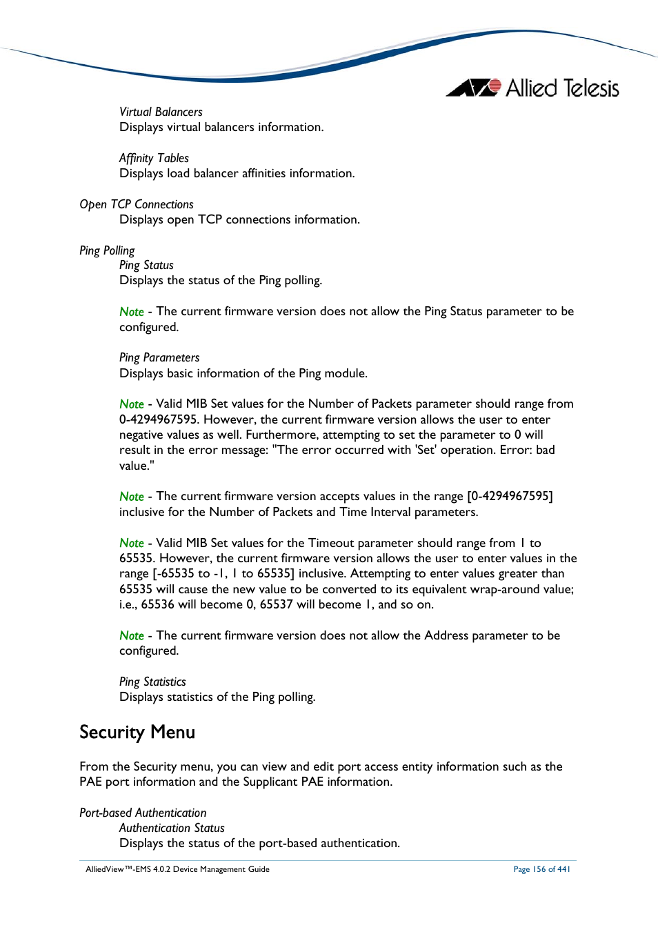 Security menu | Allied Telesis AlliedView-EMS 4.0.2 Device-Manager User Manual | Page 156 / 441