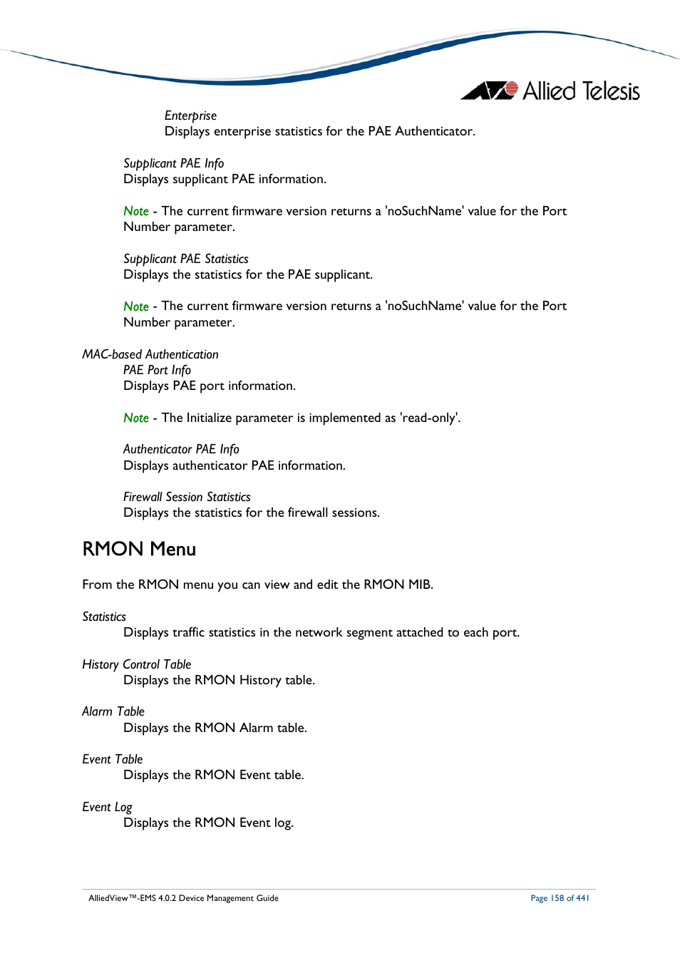 Rmon menu | Allied Telesis AlliedView-EMS 4.0.2 Device-Manager User Manual | Page 158 / 441
