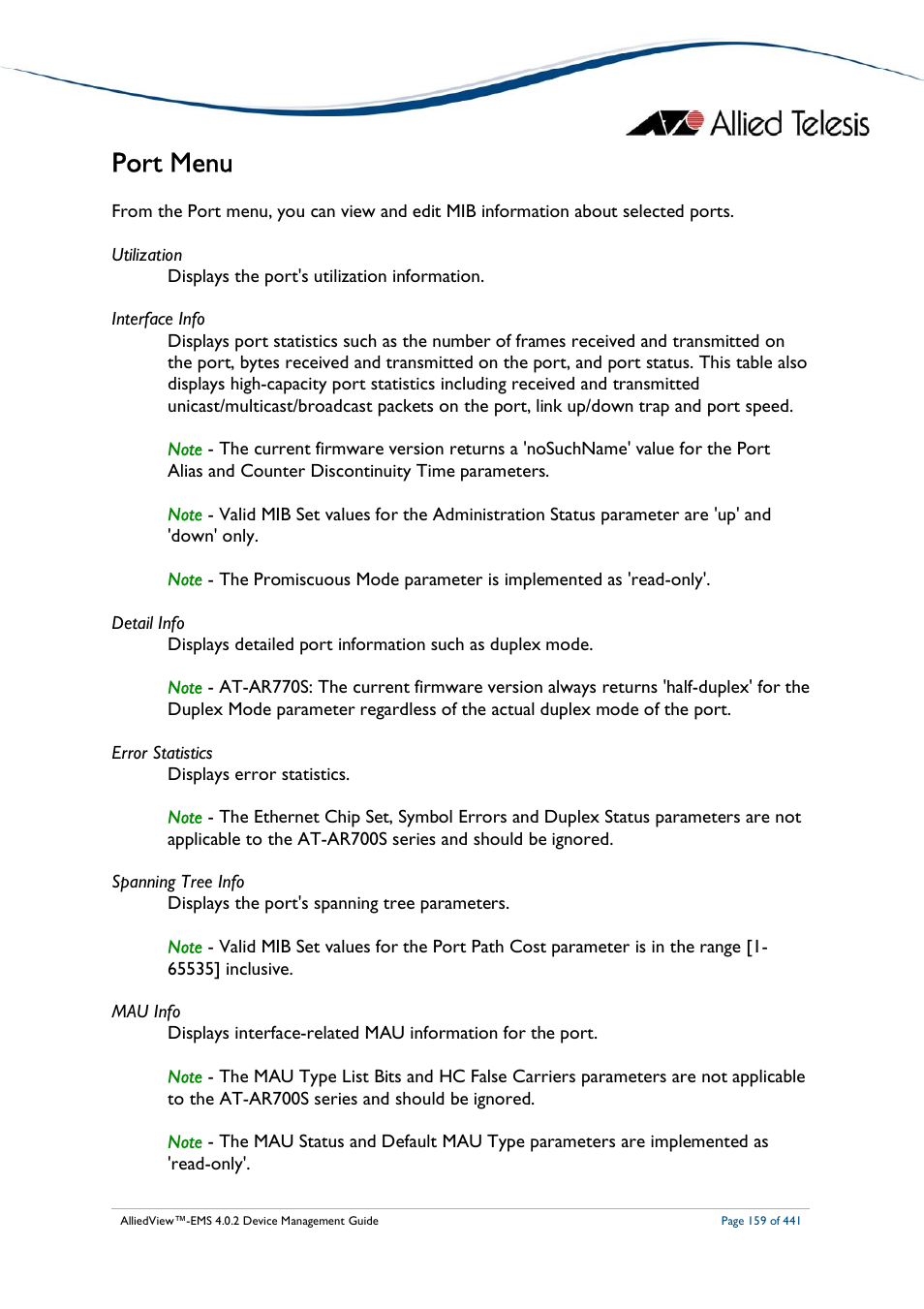 Port menu | Allied Telesis AlliedView-EMS 4.0.2 Device-Manager User Manual | Page 159 / 441