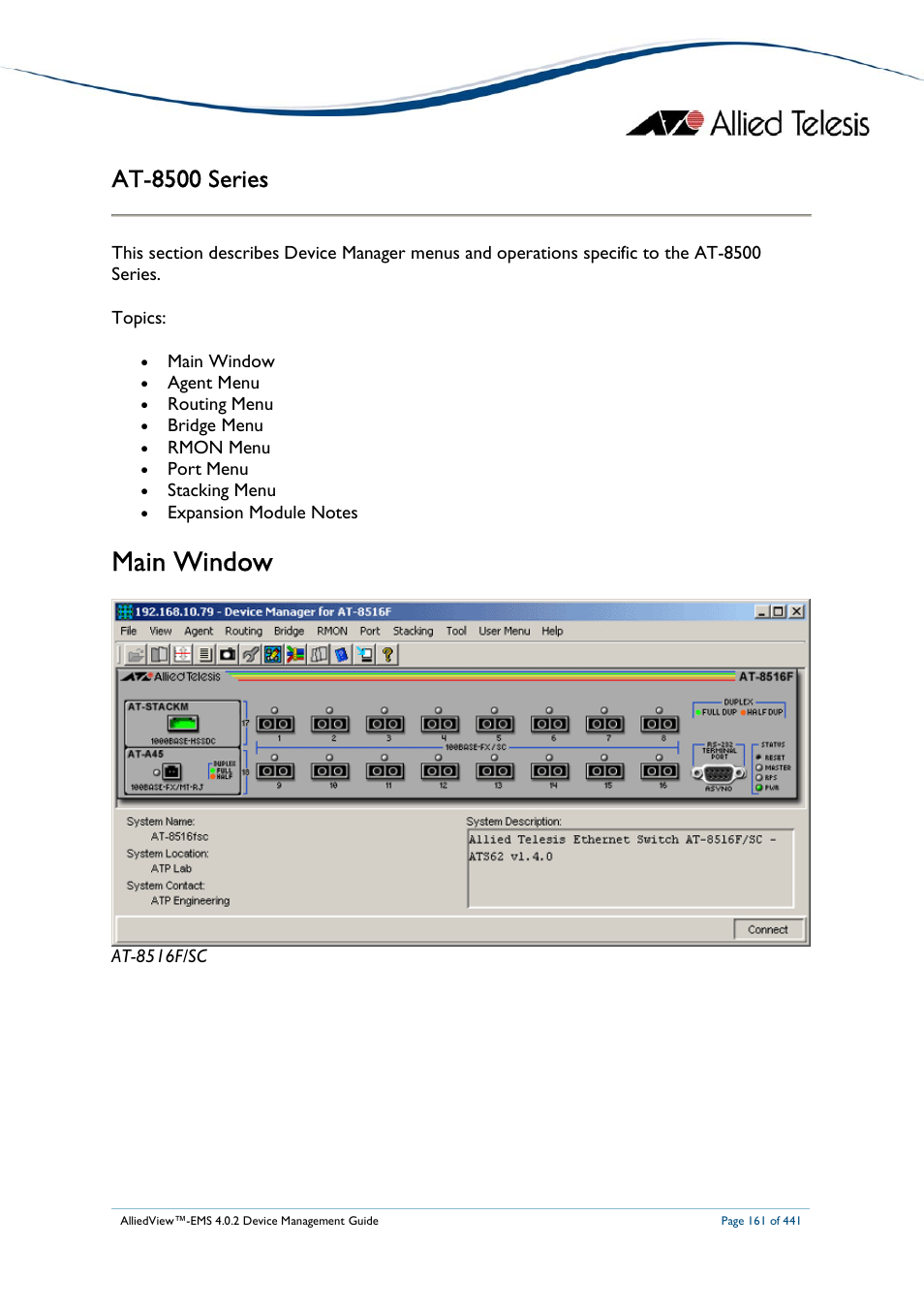 Main window, At-8500 series | Allied Telesis AlliedView-EMS 4.0.2 Device-Manager User Manual | Page 161 / 441