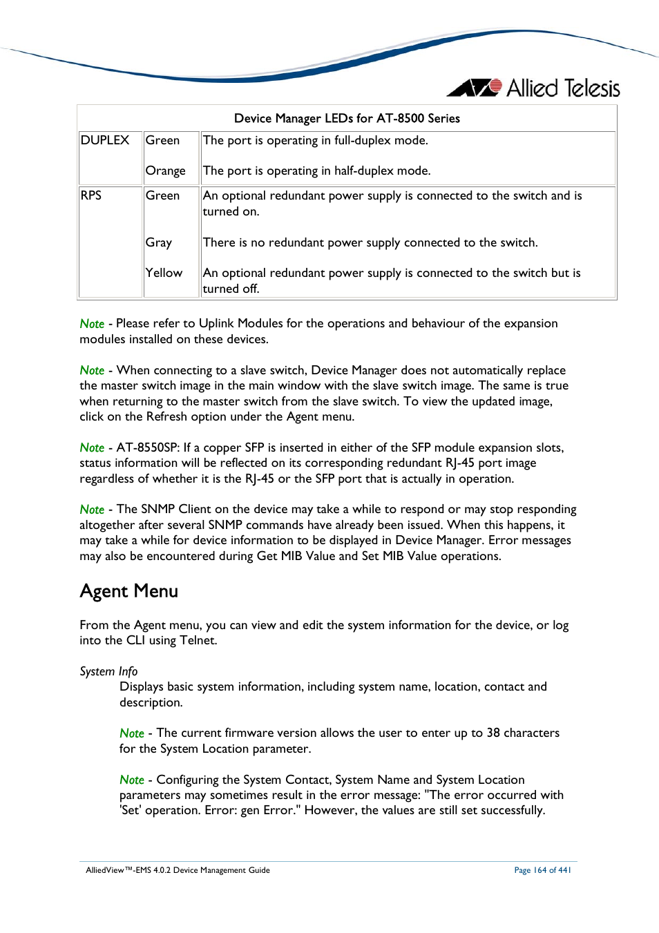 Agent menu | Allied Telesis AlliedView-EMS 4.0.2 Device-Manager User Manual | Page 164 / 441