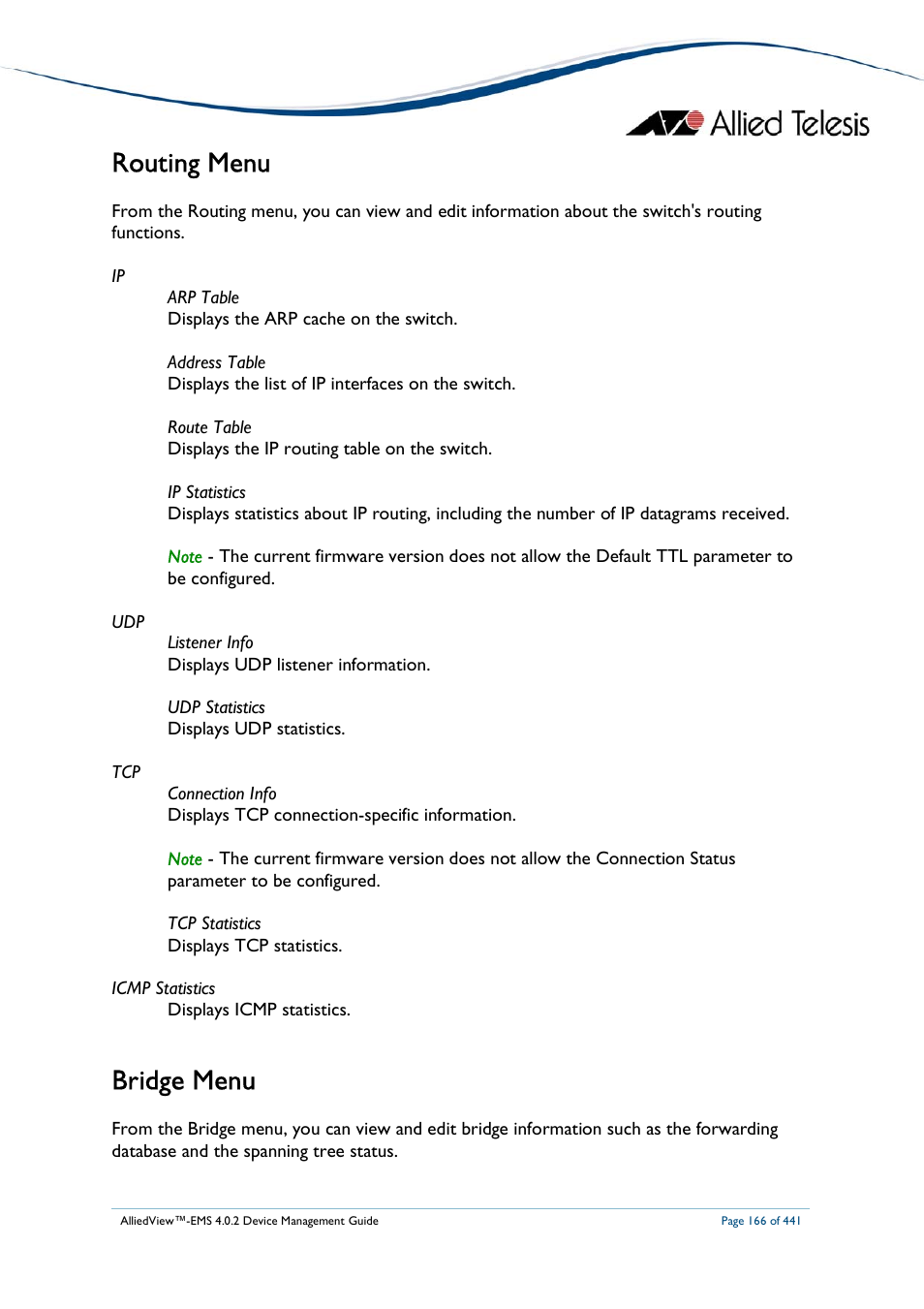 Routing menu, Bridge menu | Allied Telesis AlliedView-EMS 4.0.2 Device-Manager User Manual | Page 166 / 441