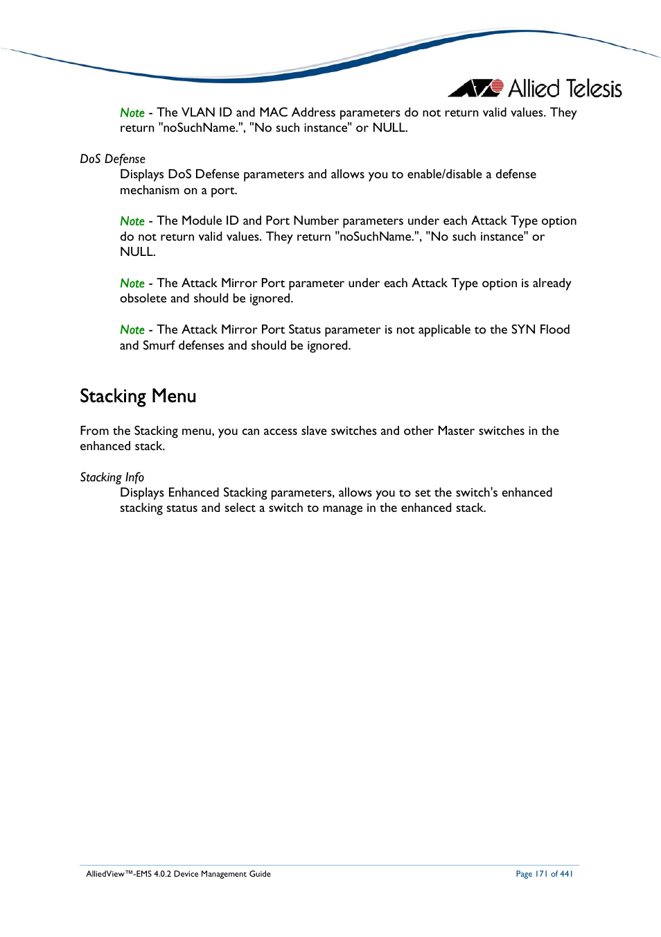 Stacking menu | Allied Telesis AlliedView-EMS 4.0.2 Device-Manager User Manual | Page 171 / 441
