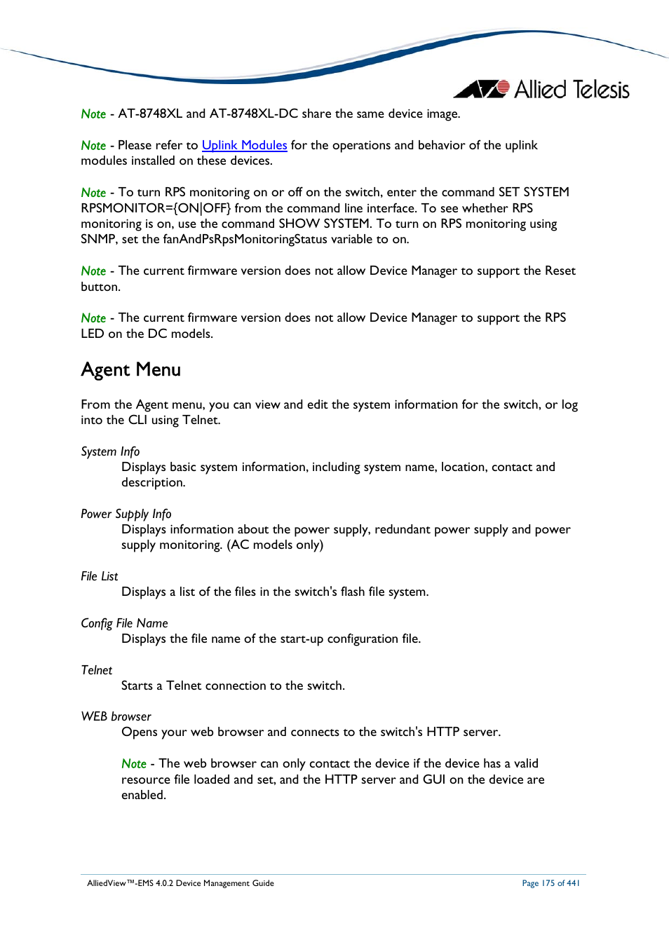 Agent menu | Allied Telesis AlliedView-EMS 4.0.2 Device-Manager User Manual | Page 175 / 441