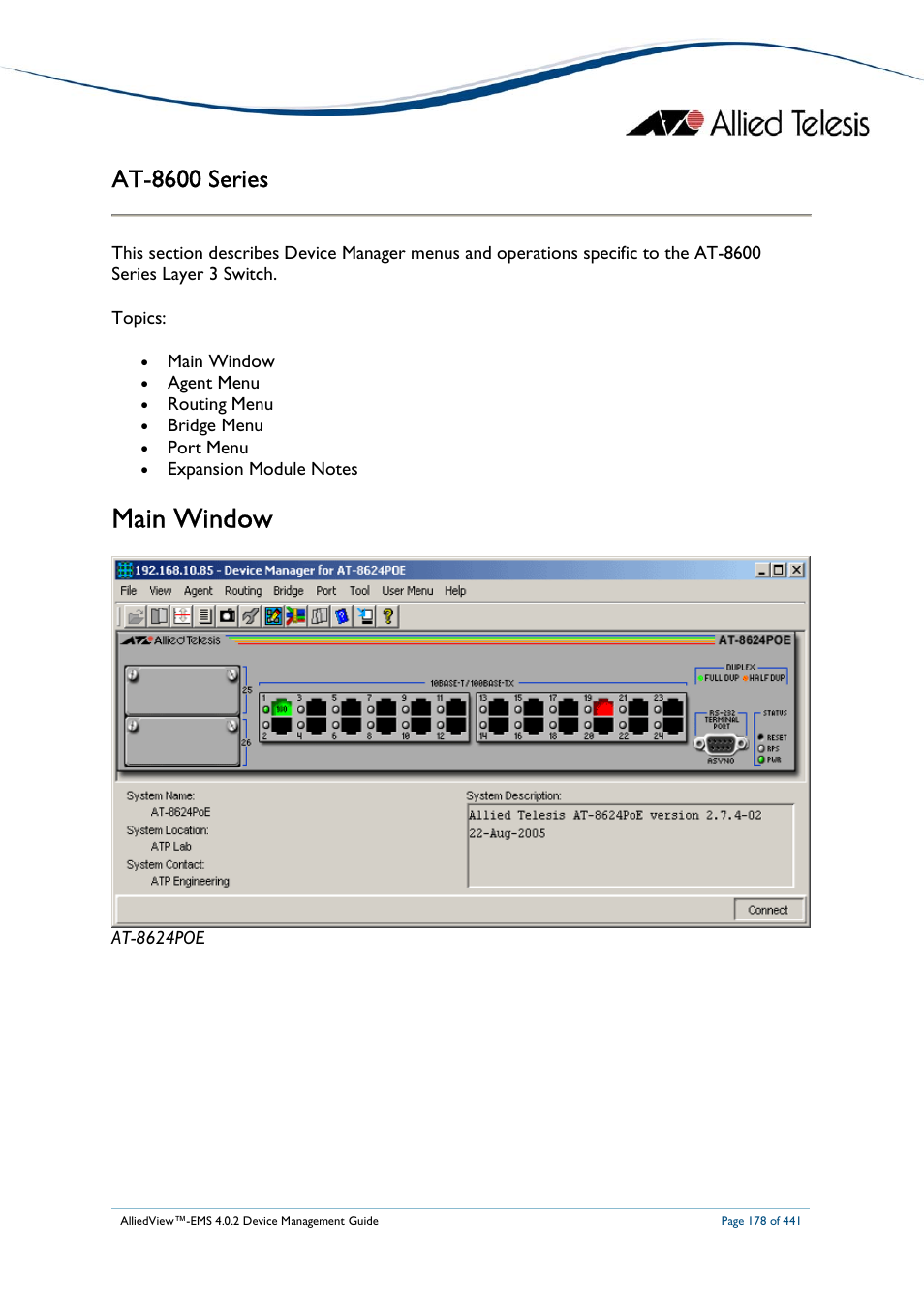 Main window, At-8600 series | Allied Telesis AlliedView-EMS 4.0.2 Device-Manager User Manual | Page 178 / 441