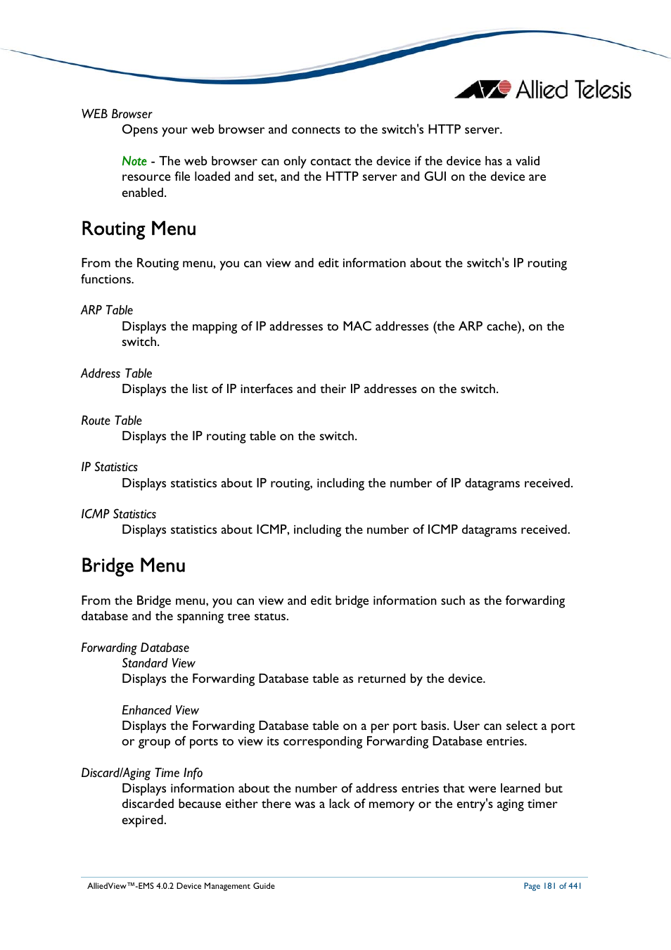 Routing menu, Bridge menu | Allied Telesis AlliedView-EMS 4.0.2 Device-Manager User Manual | Page 181 / 441