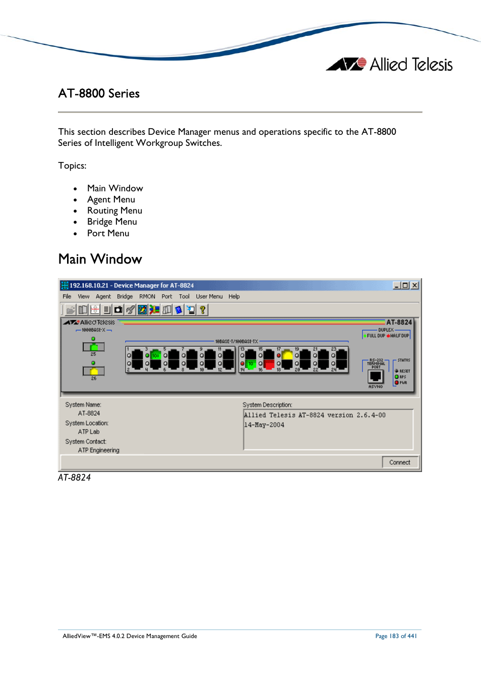 Main window, At-8800 series | Allied Telesis AlliedView-EMS 4.0.2 Device-Manager User Manual | Page 183 / 441