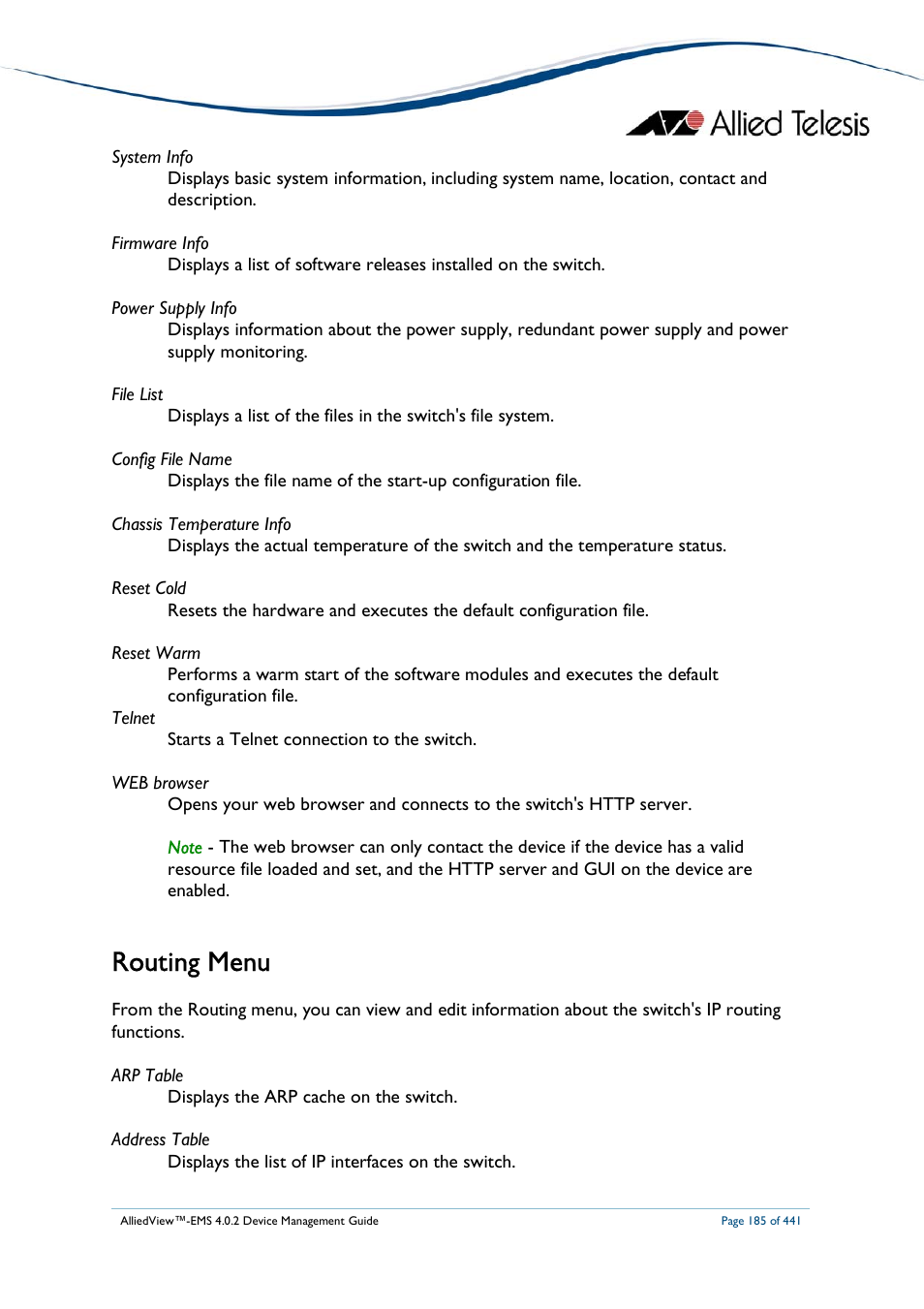 Routing menu | Allied Telesis AlliedView-EMS 4.0.2 Device-Manager User Manual | Page 185 / 441